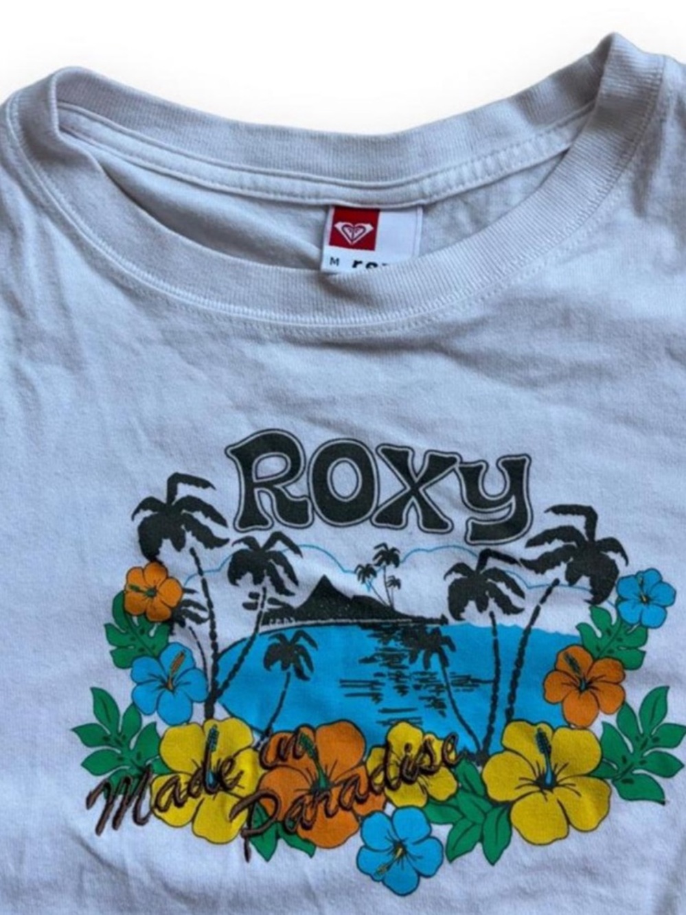 ROXY "Made in Paradise" Hibiscus Floral Surf Graphic Short Sleeve Tee | Medium